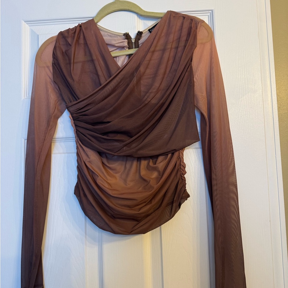 Fashion Nova Brown Mesh Draped Blouse